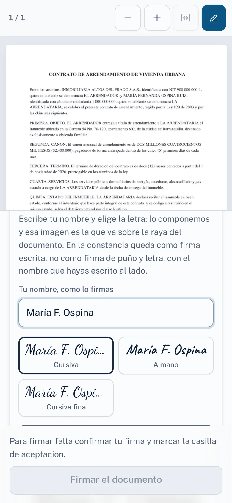 La pantalla de firma en un celular: la firmante escribe su nombre y elige la letra